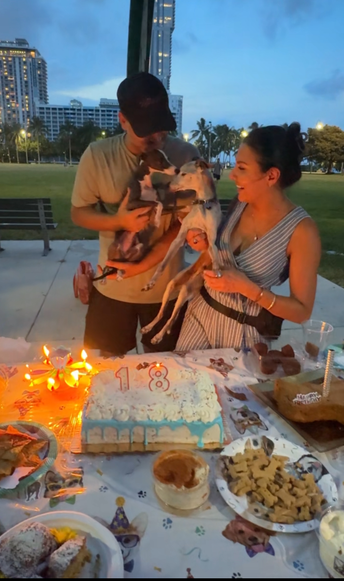 Iman and Elmira celebrating Niko's 18th birthday with Niko and Luna at a candlelit table with a cake