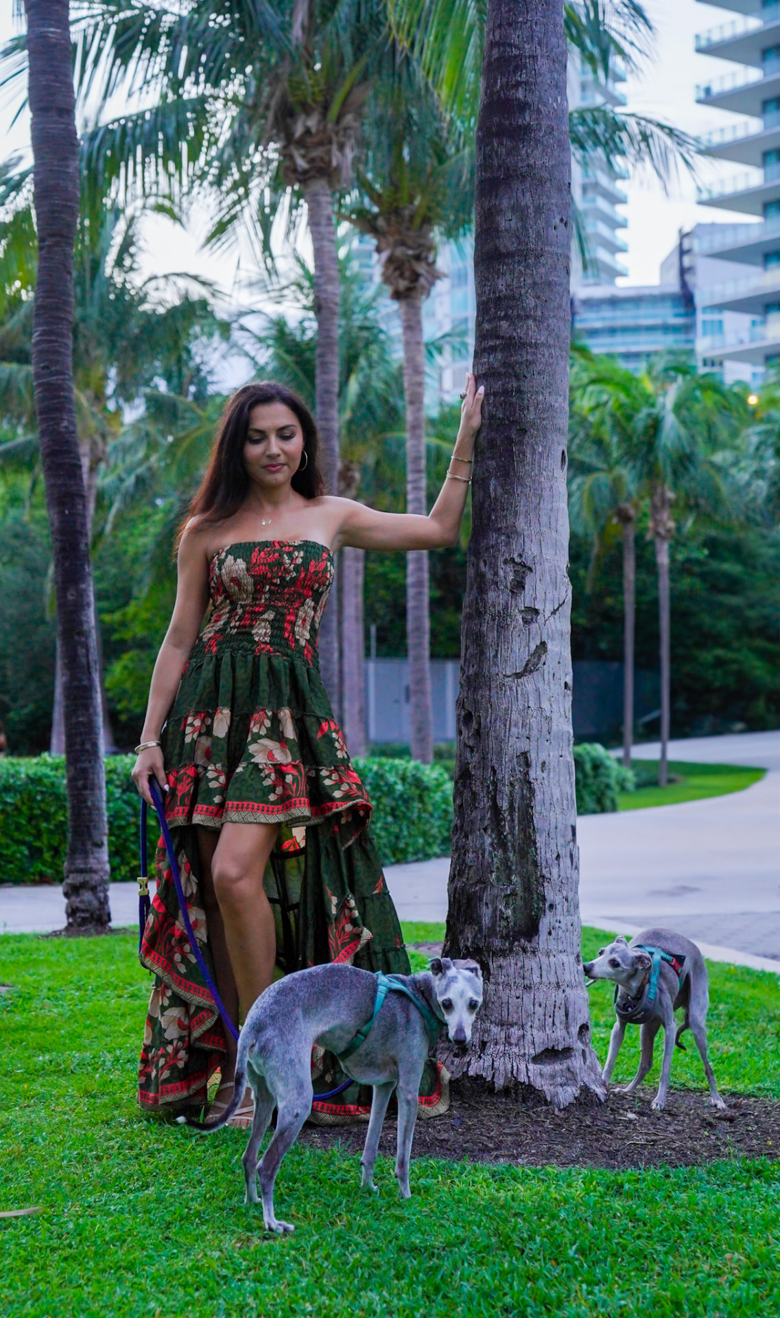 Portrait of Elmira Shahzeidi resting a hand on a palm trunk with her two greyhounds